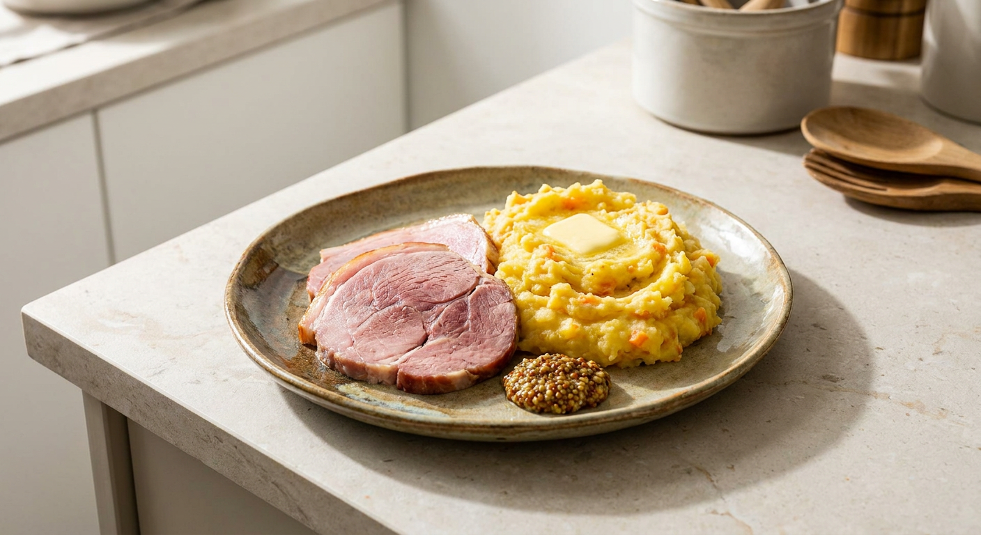 Klassiskt fläsklägg med rotmos served on a plate, photographed in natural light