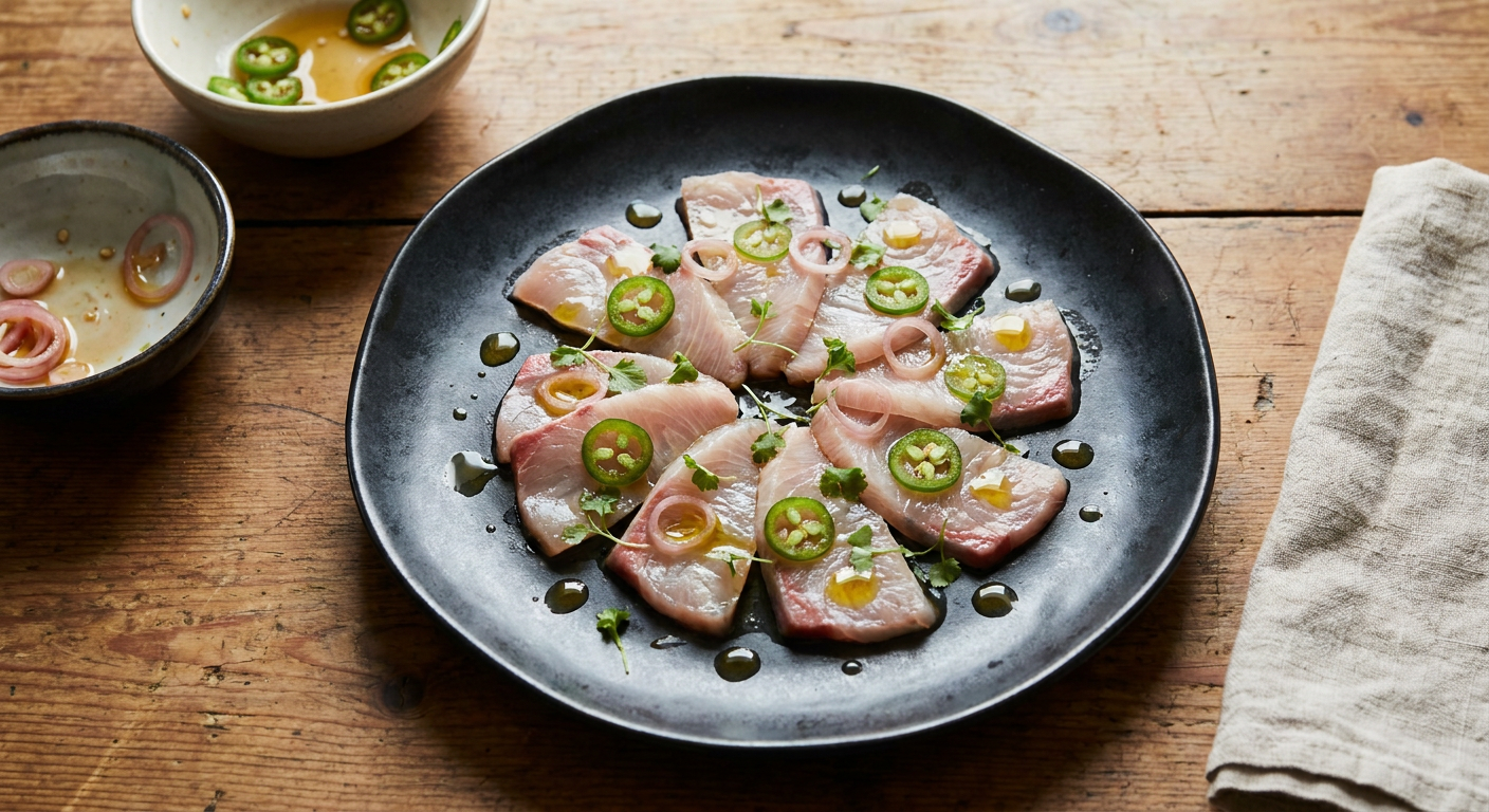 Hamachi Crudo served on a plate, photographed in natural light