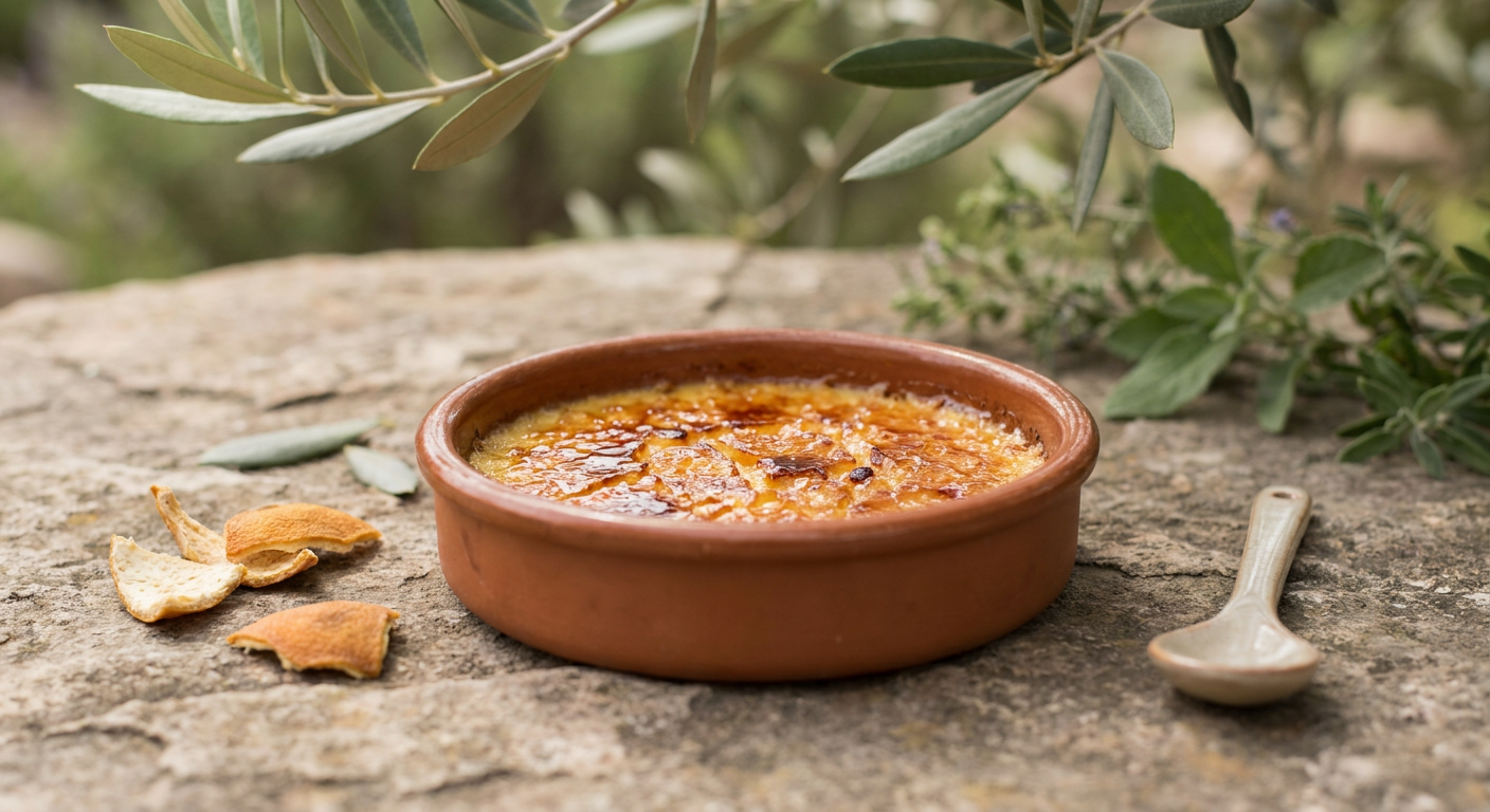 Crema Catalana served on a plate, photographed in natural light