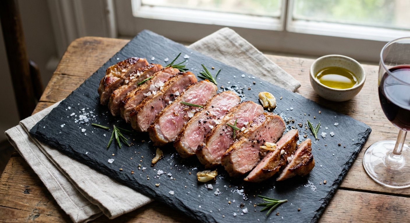 Pan-Seared Ibérico Pork served on a plate, photographed in natural light