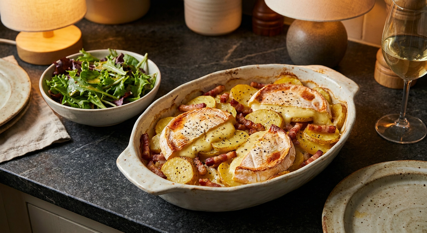 Savoyard Tartiflette served on a plate, photographed in natural light