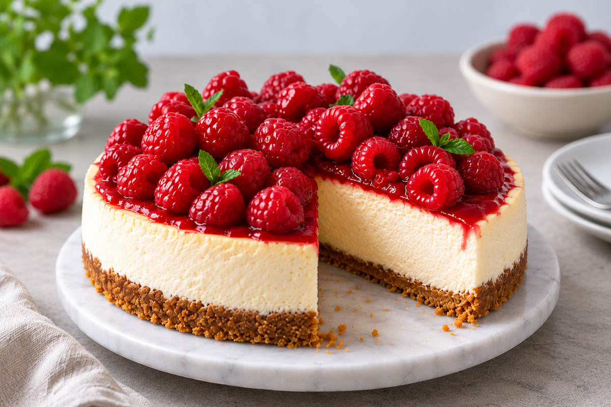 Cheesecake mit frischen Himbeeren