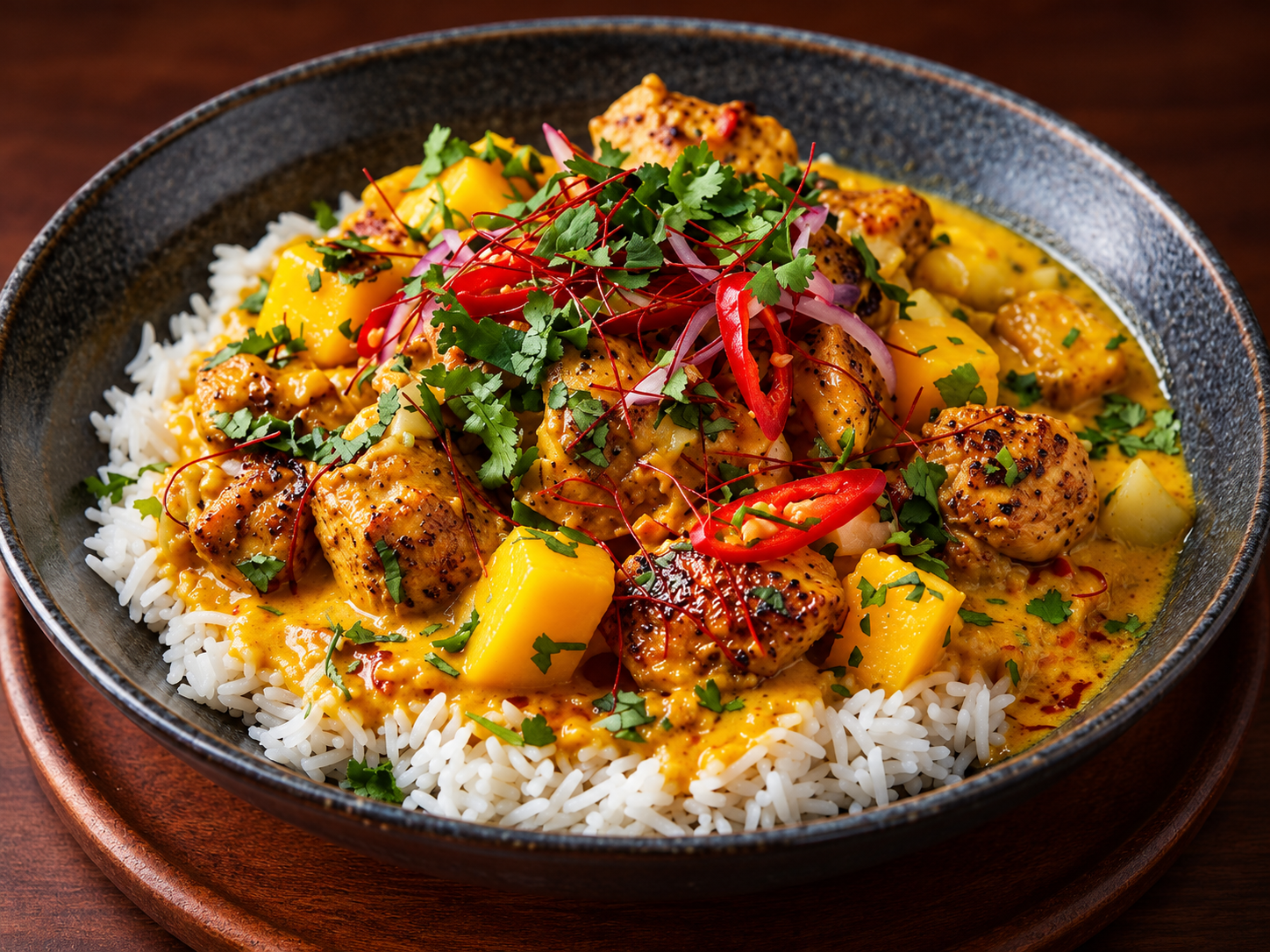 Indiskinspirerad kycklingcurry med mango, äpple och lime served on a plate, photographed in natural light