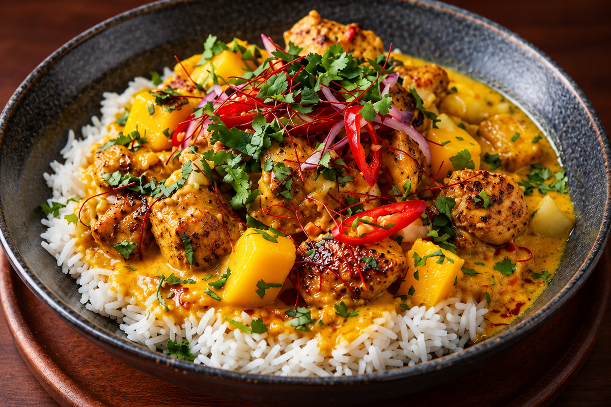 Curry de poulet d'inspiration indienne à la mangue, pomme et citron vert