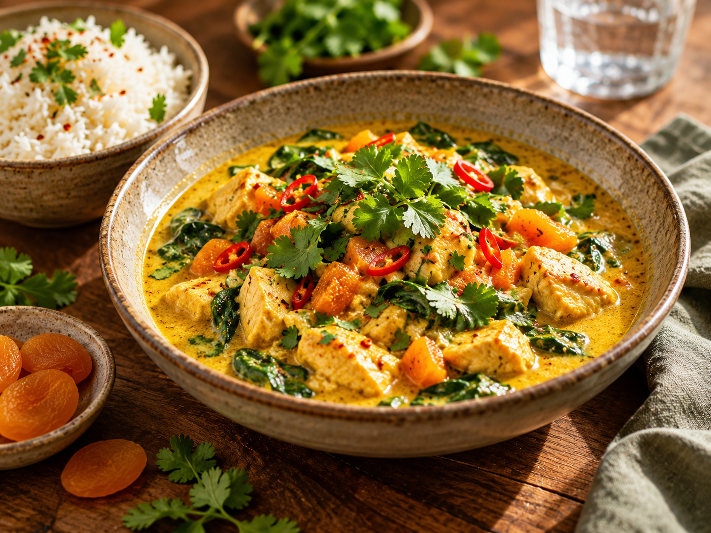 Cremiges Hähnchencurry mit Aprikosen und Kokosmilch