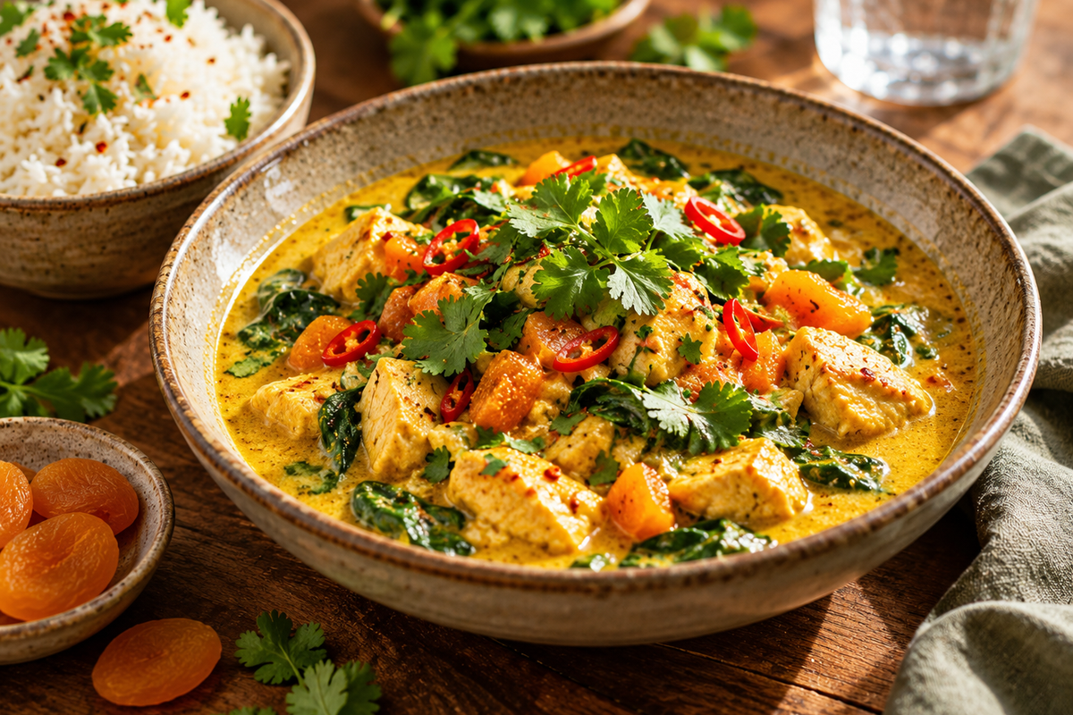 Cremiges Hähnchencurry mit Aprikosen und Kokosmilch