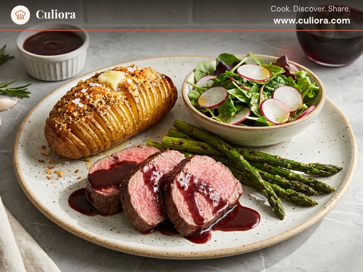 Rinderfilet mit Rotweinsauce, Hasselback-Kartoffeln und gebratenem Spargel