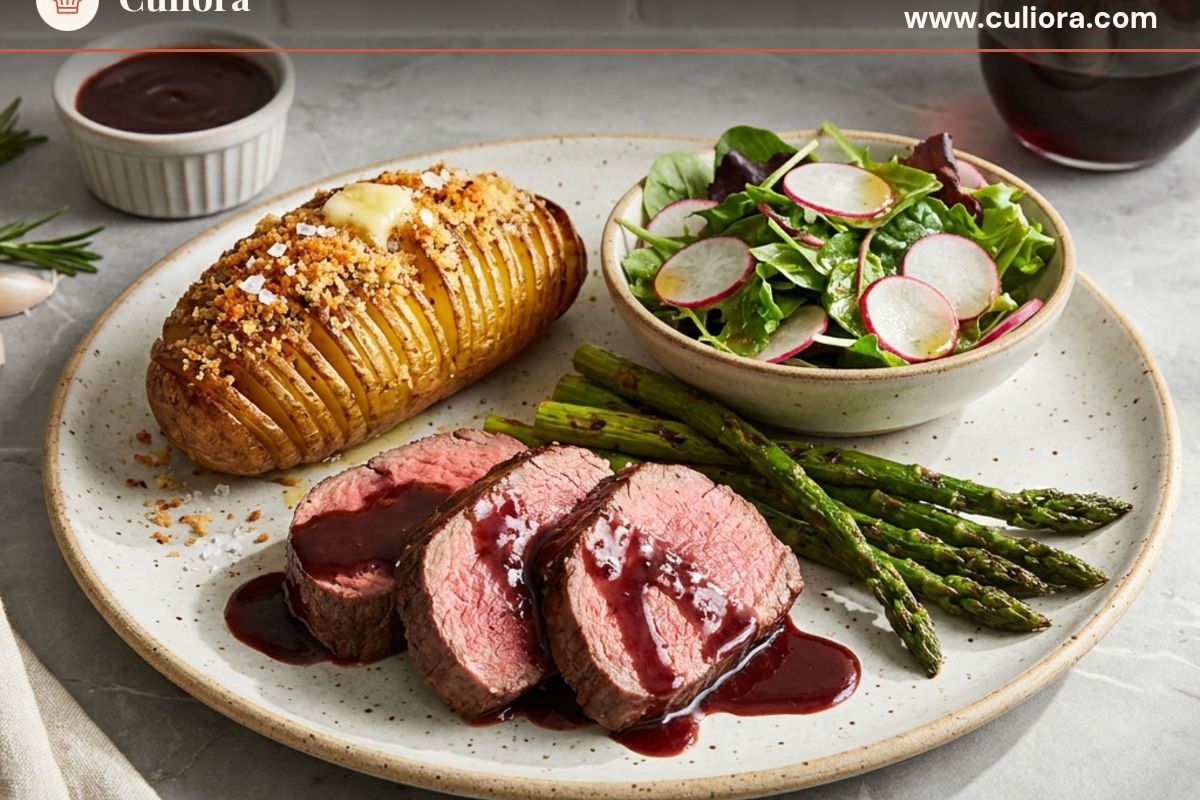 Rinderfilet mit Rotweinsauce, Hasselback-Kartoffeln und gebratenem Spargel