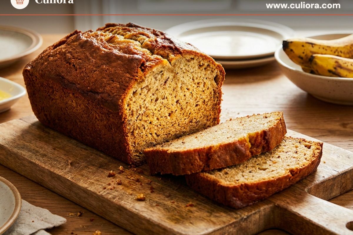 Classic Banana Bread served on a plate, photographed in natural light