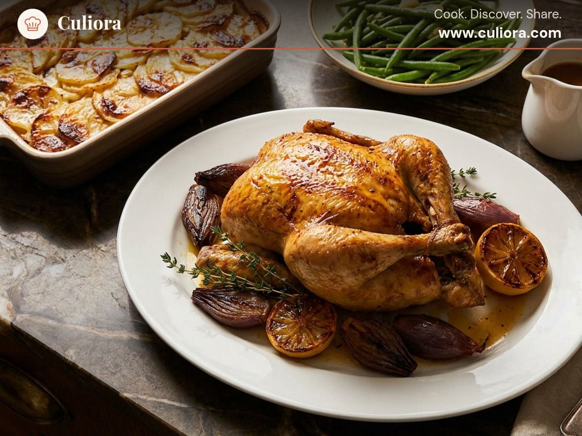 Poulet rôti du dimanche à la française, pommes boulangère et jus naturel