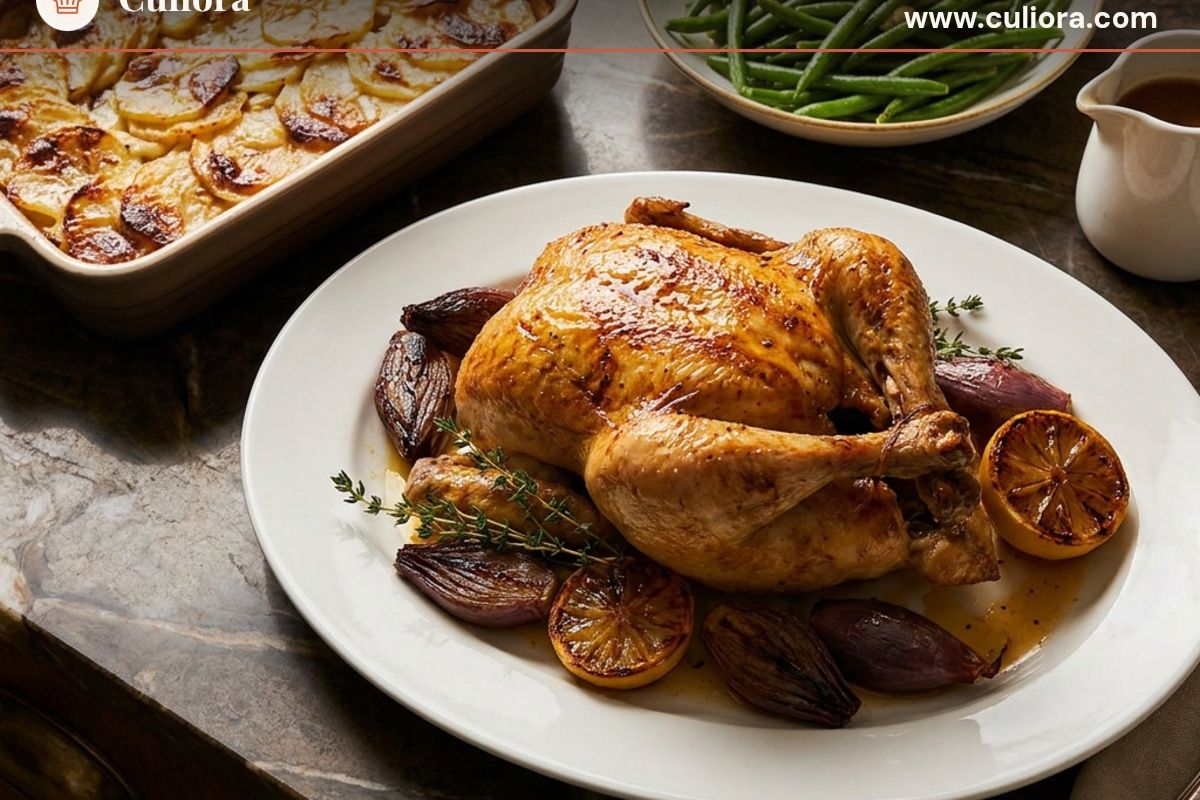 Poulet rôti du dimanche à la française, pommes boulangère et jus naturel
