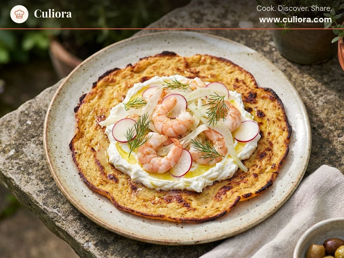 Socca in padella con gamberi, crudité a nastro e crema di chèvre