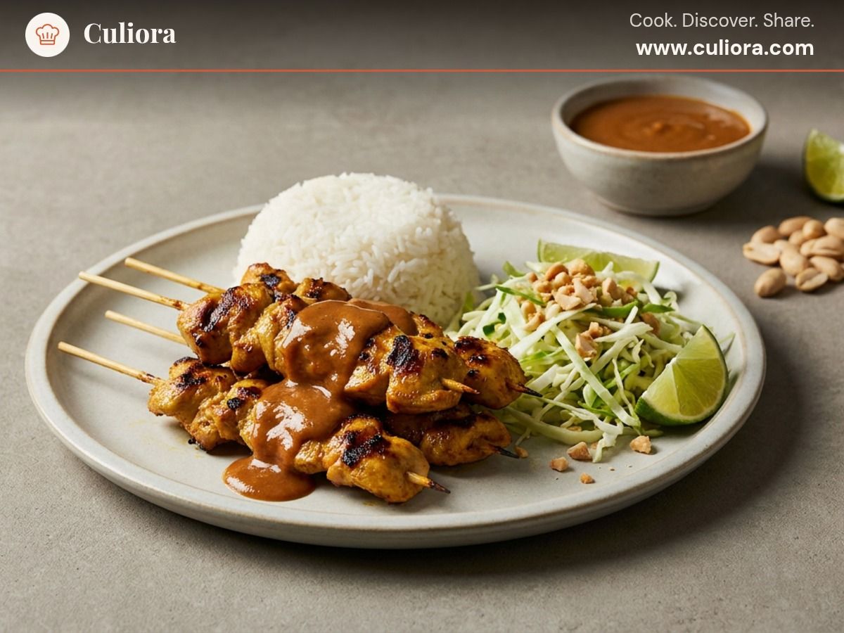 Satay de pollo con arroz y ensalada de col