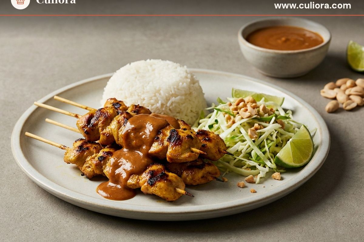 Satay de pollo con arroz y ensalada de col