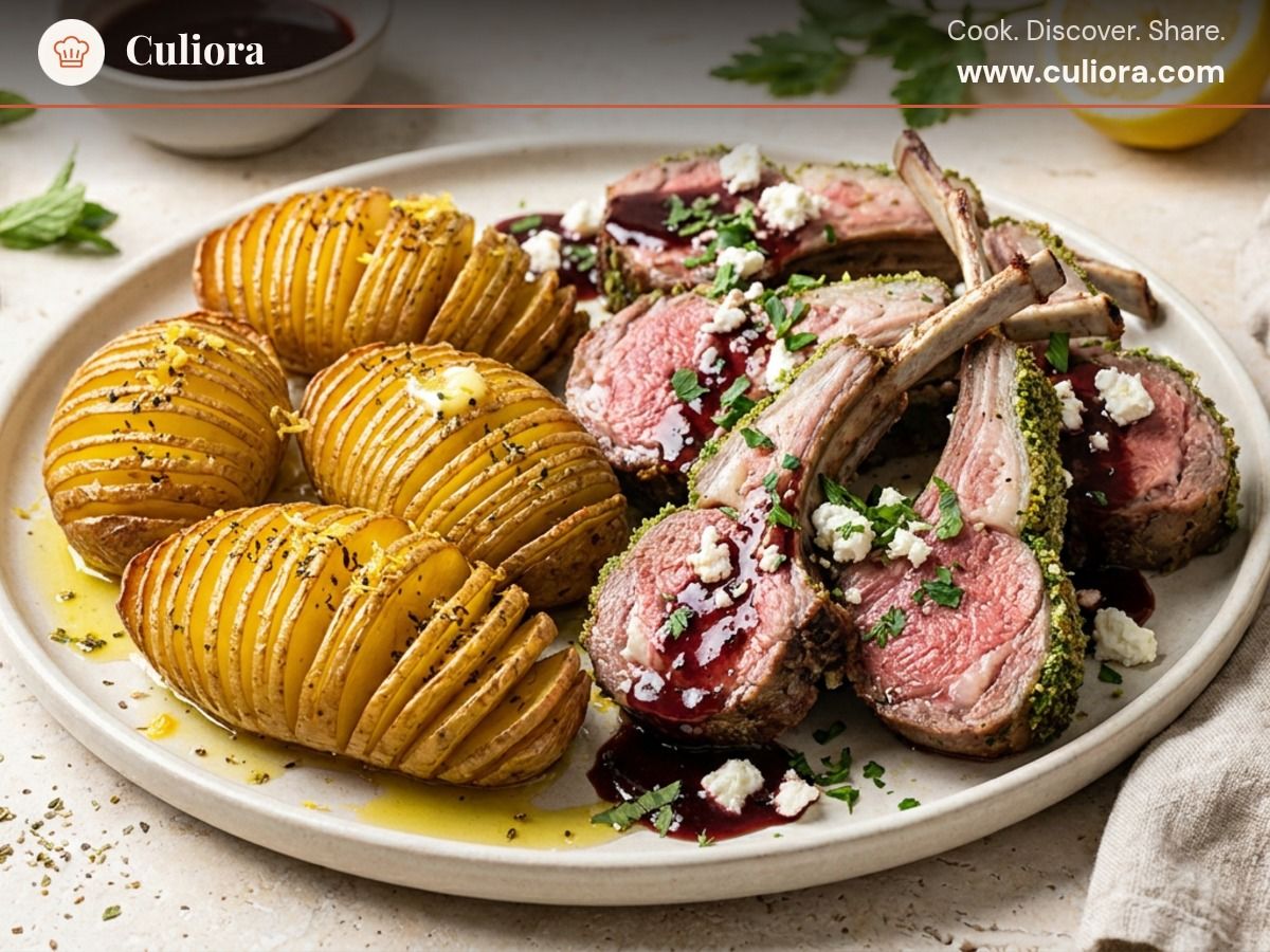 Herb-Crusted Rack of Lamb with Lemon-Oregano Hasselback Potatoes, Red Wine Jus, and Crumbled Feta served on a plate, photographed in natural light