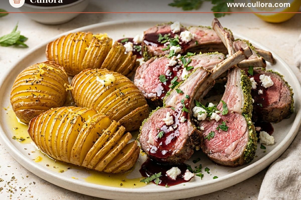 Herb-Crusted Rack of Lamb with Lemon-Oregano Hasselback Potatoes, Red Wine Jus, and Crumbled Feta served on a plate, photographed in natural light