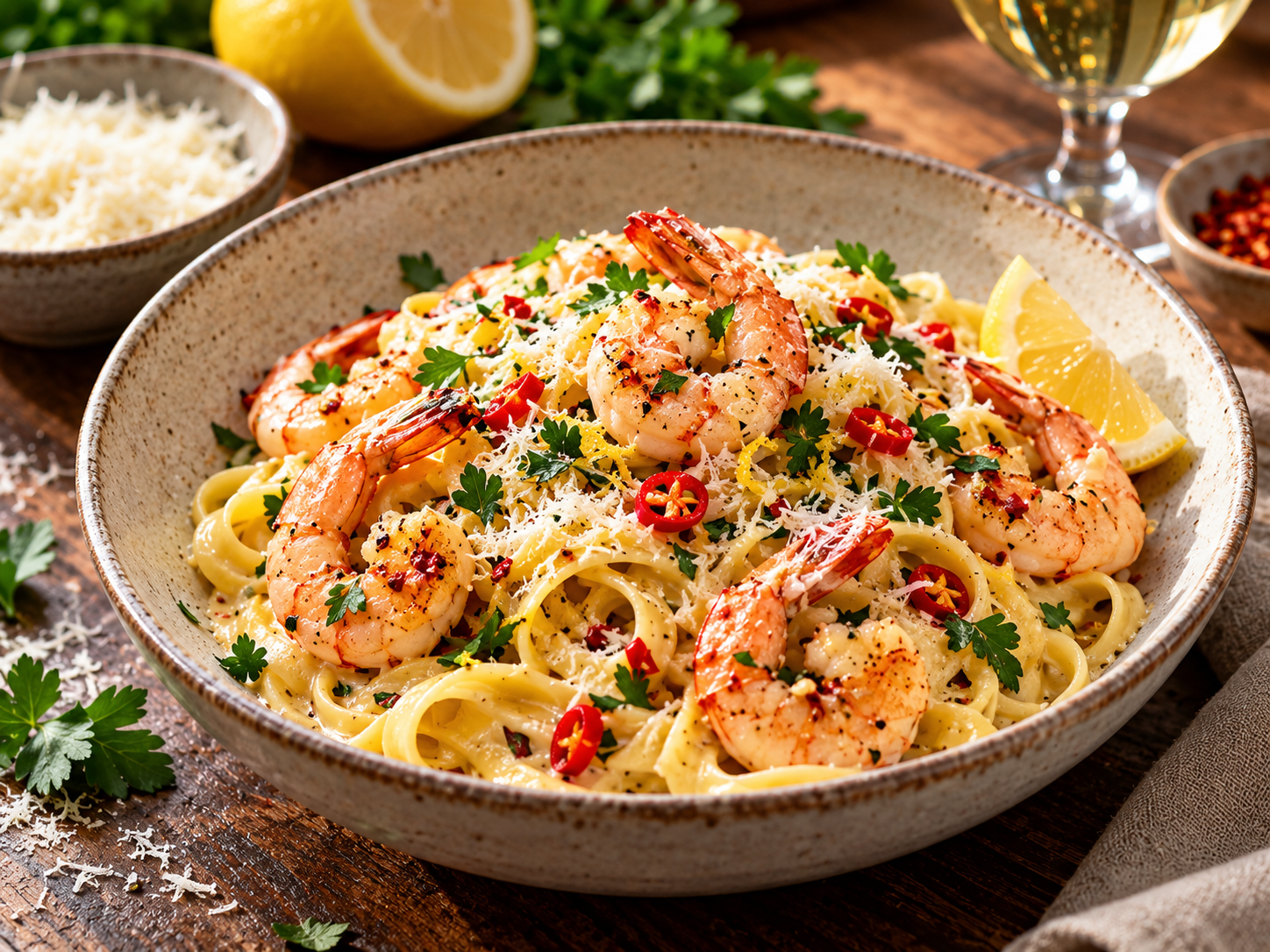 Pâtes crémeuses aux crevettes, piment, citron et parmesan