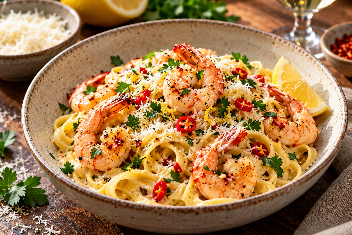 Pâtes crémeuses aux crevettes, piment, citron et parmesan