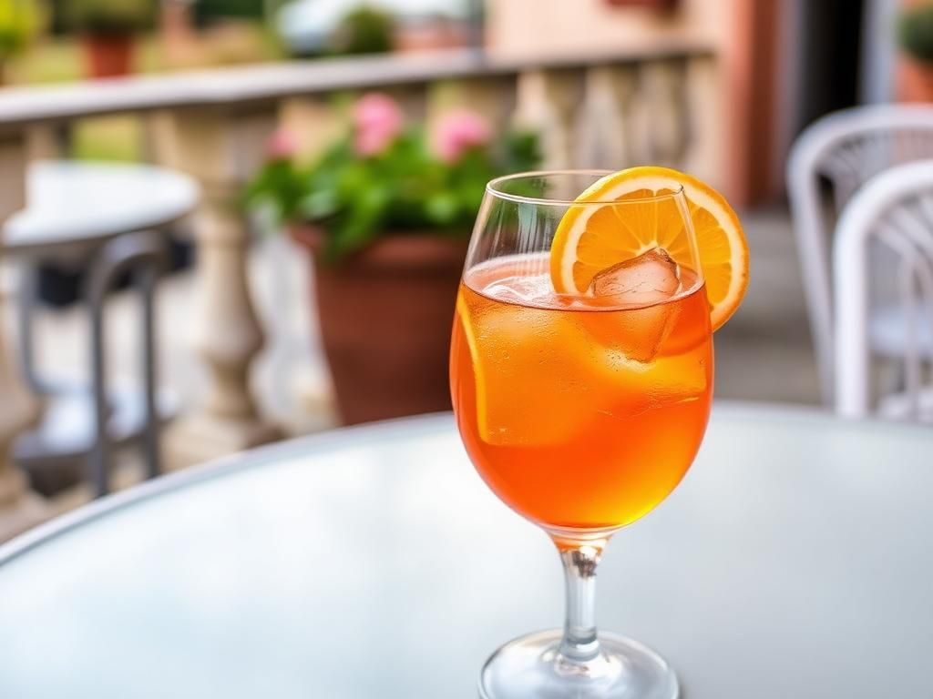Aperol spritz in a wine glass with ice and orange slice