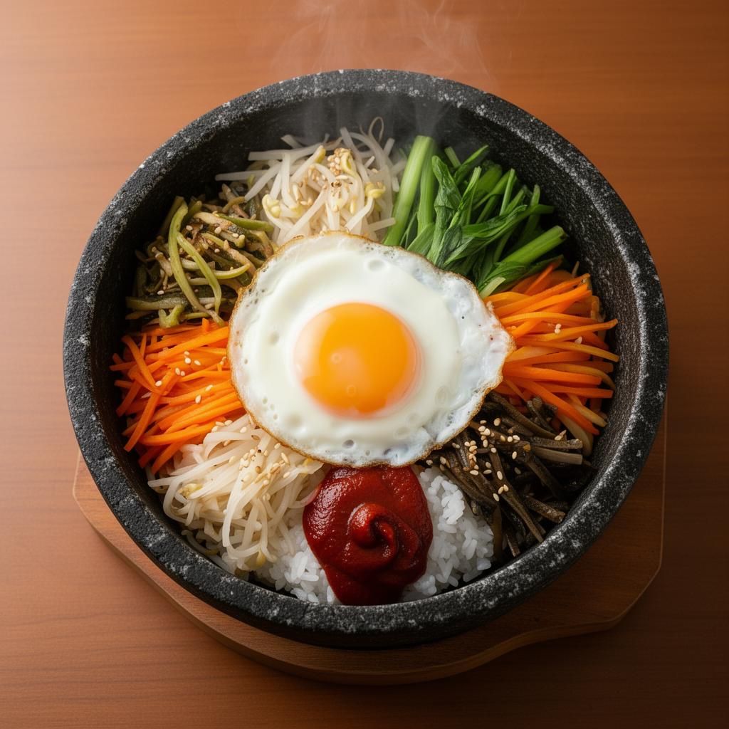 Bibimbap bowl with rice, vegetables and a fried egg