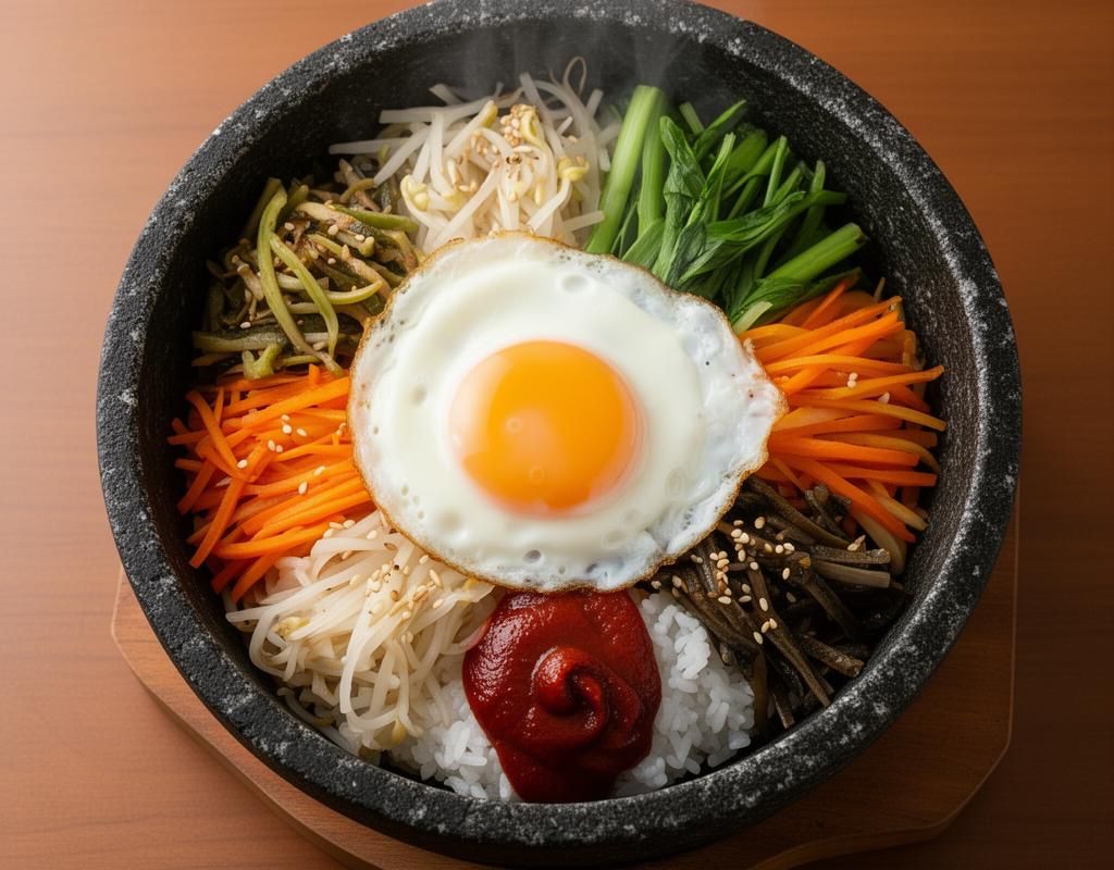 Bibimbap bowl with rice, vegetables and a fried egg