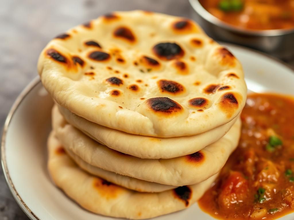 Naan bread with charred spots and melted butter