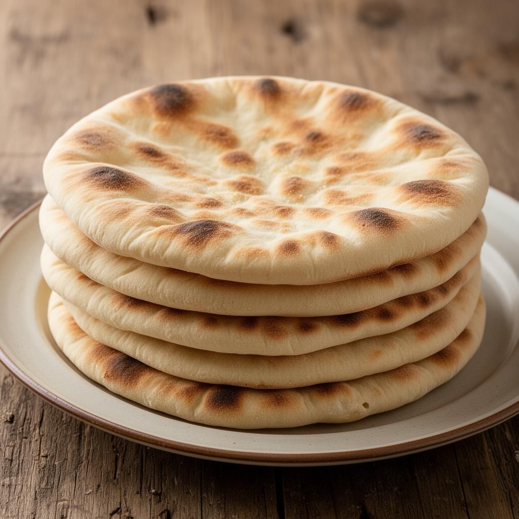 Freshly baked pita breads with a puffed pocket