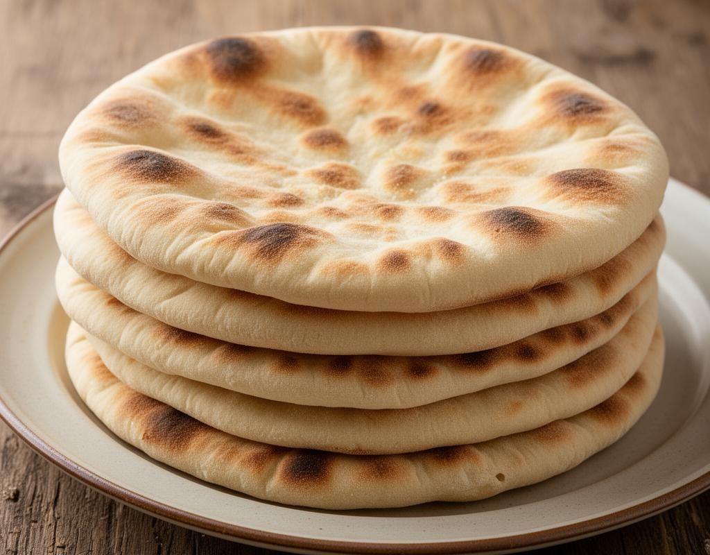 Freshly baked pita breads with a puffed pocket