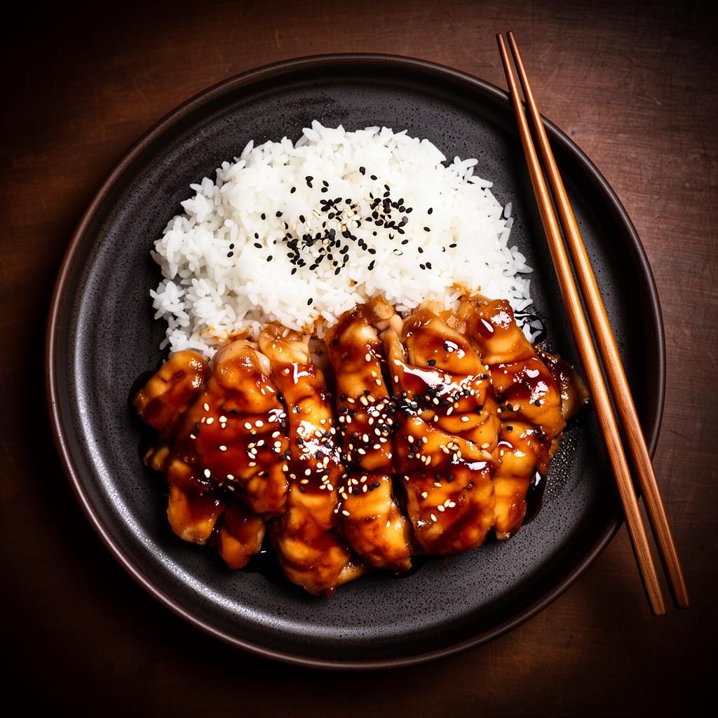 Chicken teriyaki with glossy sauce and sesame seeds