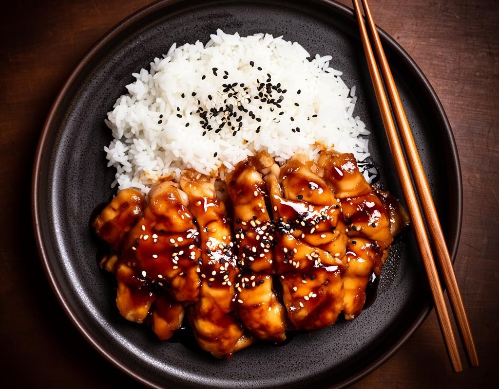 Chicken teriyaki with glossy sauce and sesame seeds