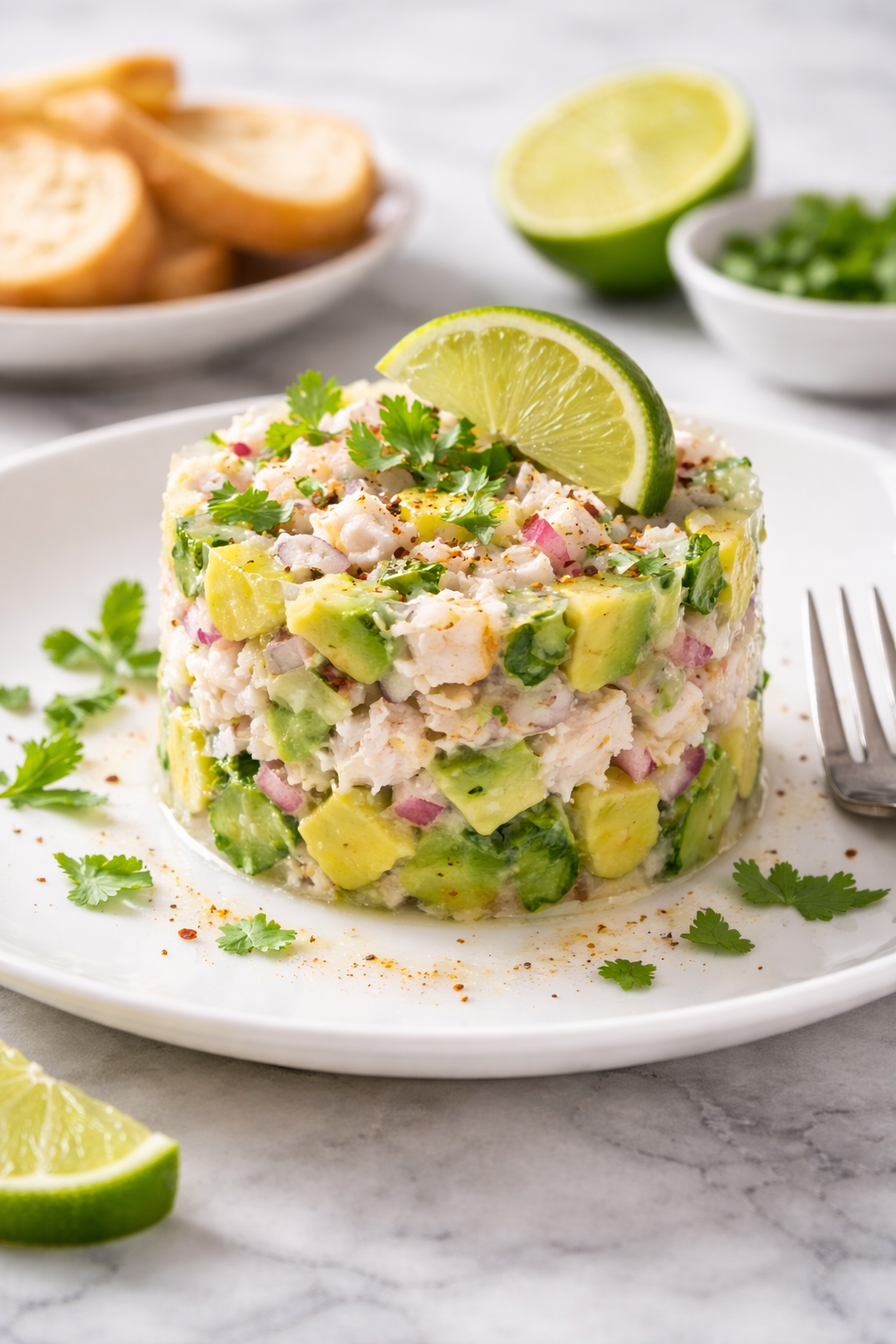 Crab and avocado tartare shaped in a ring with herbs