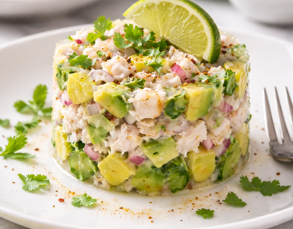 Crab and avocado tartare shaped in a ring with herbs