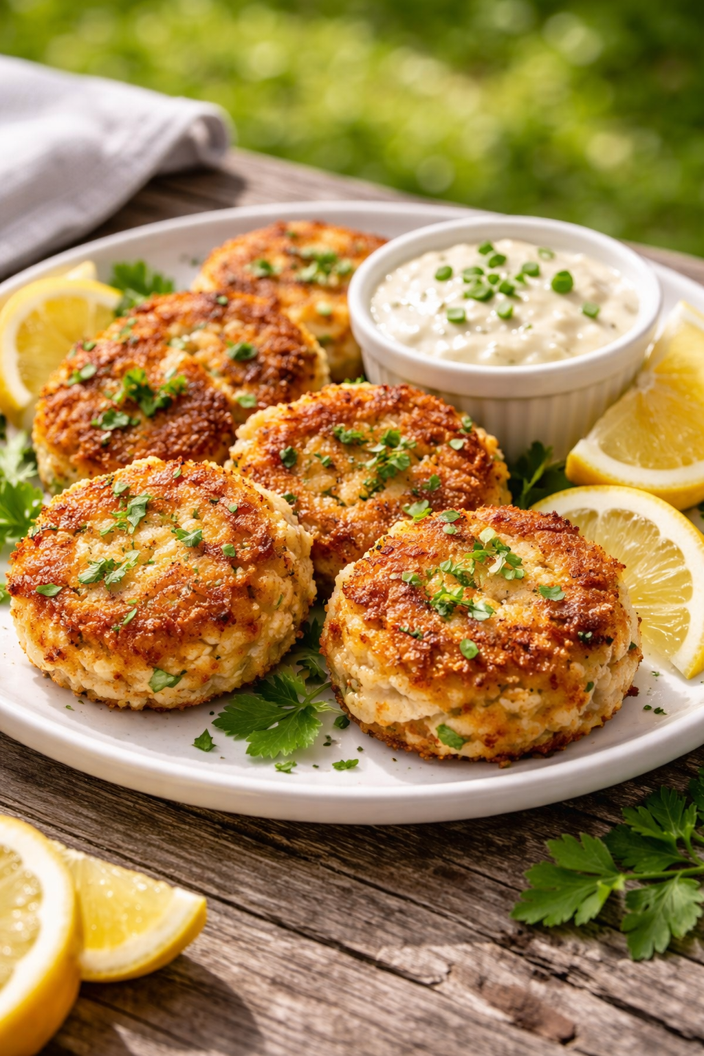 Golden pan-fried American crab cakes served warm with lemon wedges