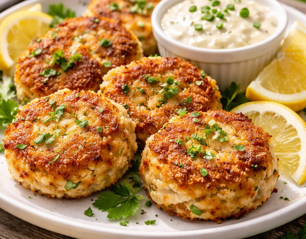 Golden pan-fried American crab cakes served warm with lemon wedges