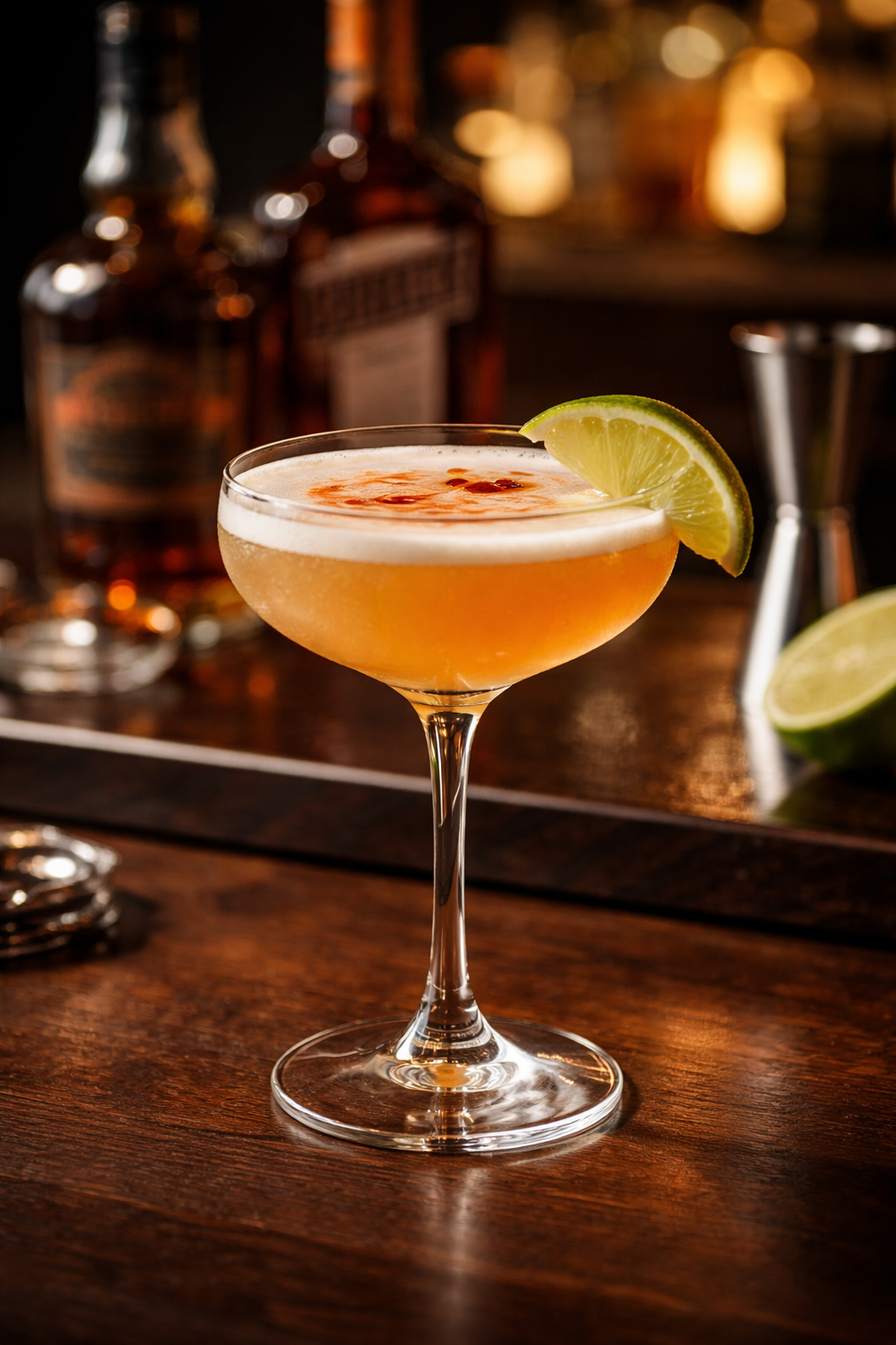 Spitfire cocktail with dark rum, lime and Angostura bitters in a chilled cocktail glass