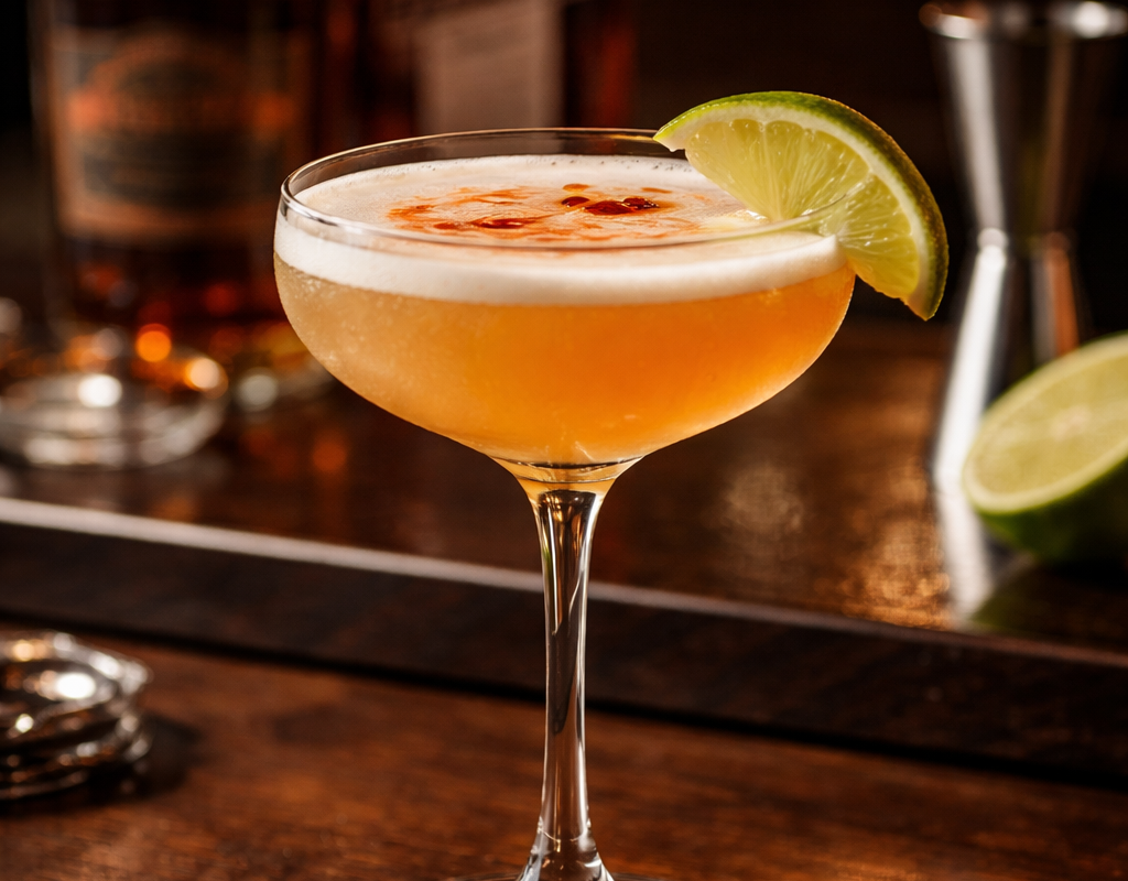 Spitfire cocktail with dark rum, lime and Angostura bitters in a chilled cocktail glass