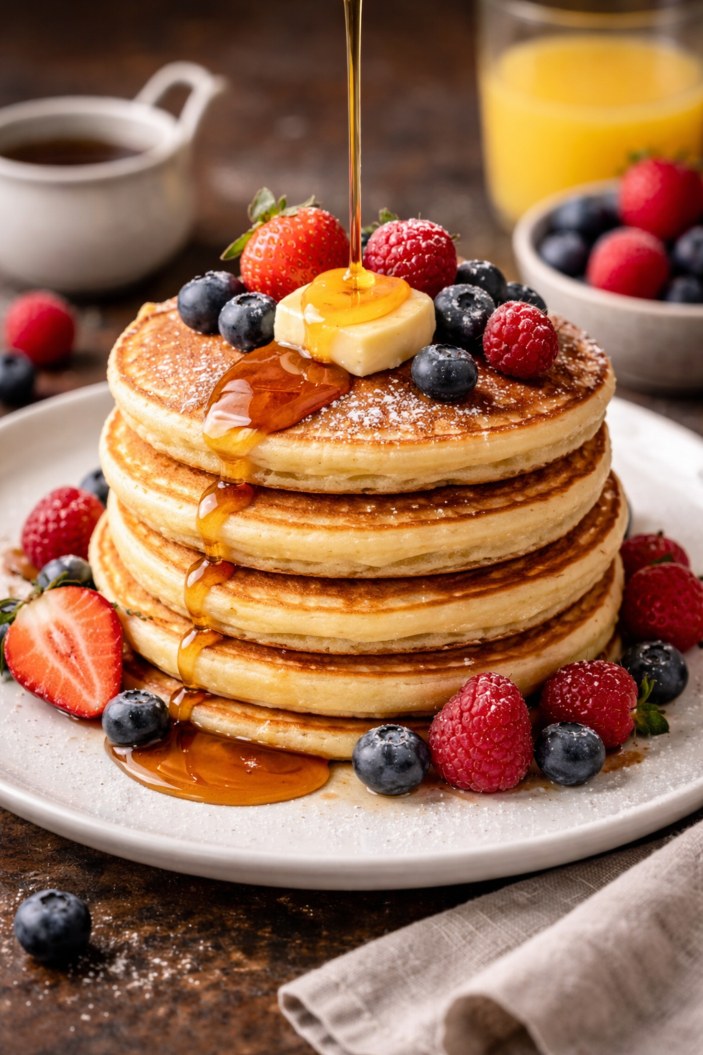 Stack of American pancakes with butter and maple syrup