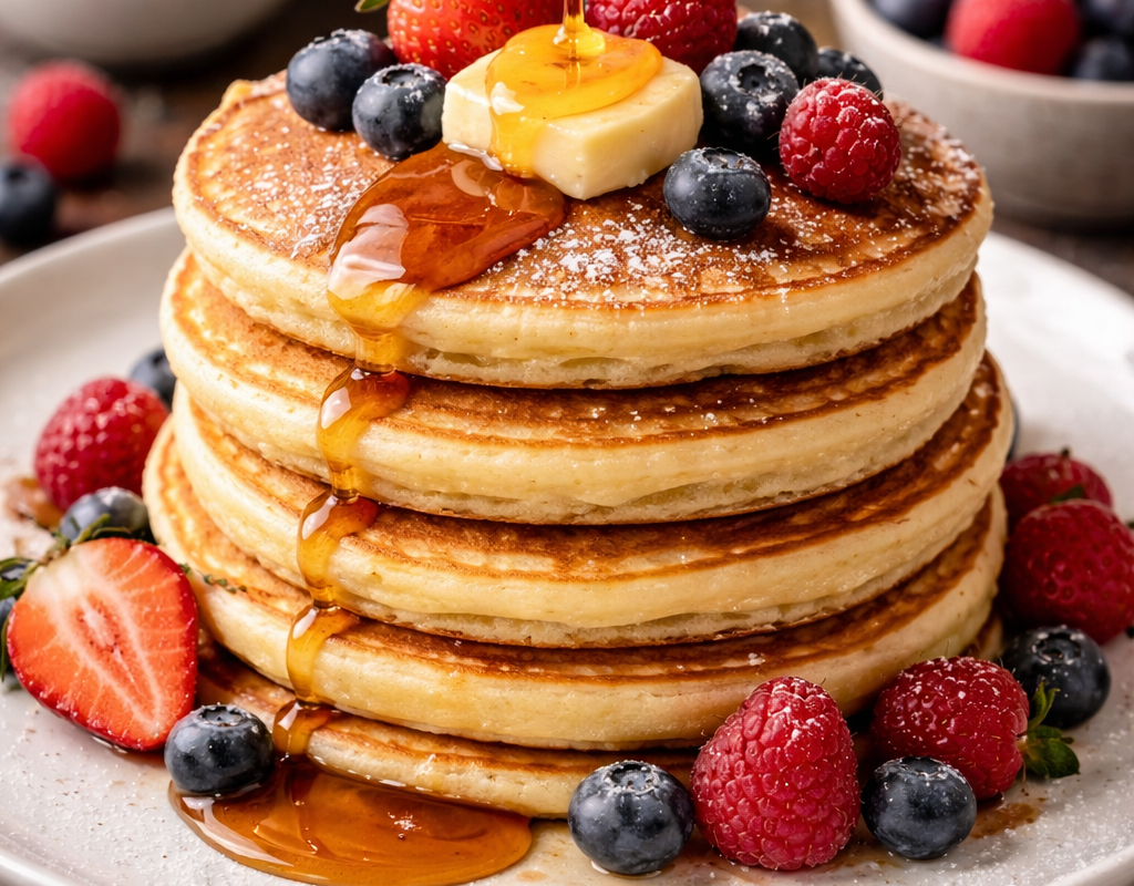 Stack of American pancakes with butter and maple syrup