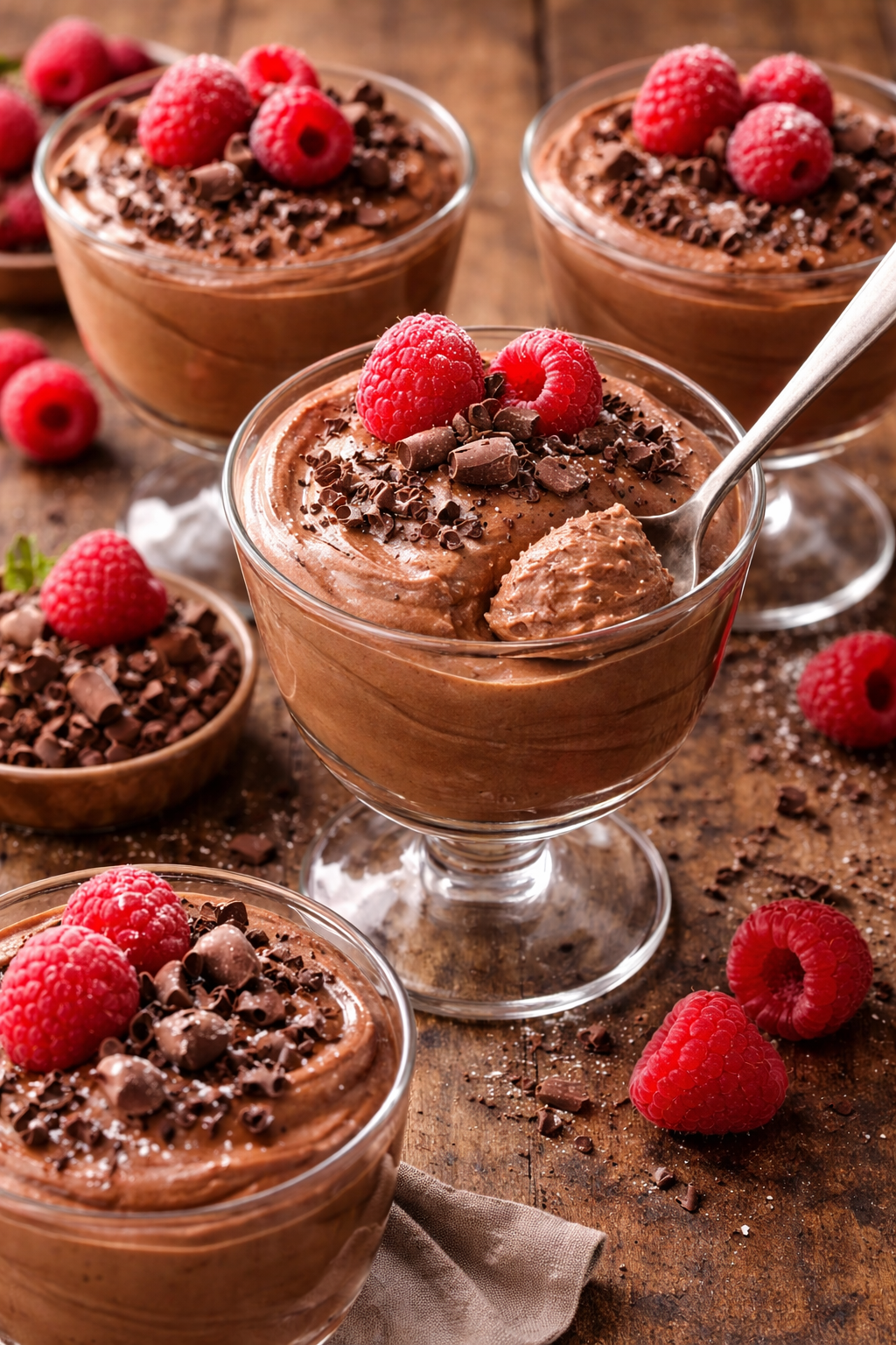 Chocolate mousse served in a glass with fresh raspberries