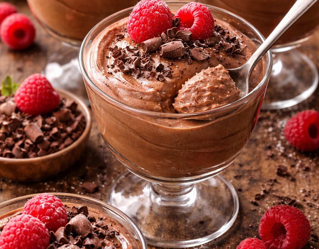 Chocolate mousse served in a glass with fresh raspberries