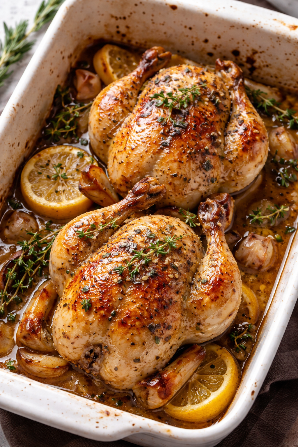 Roasted small chickens with garlic, lemon and thyme