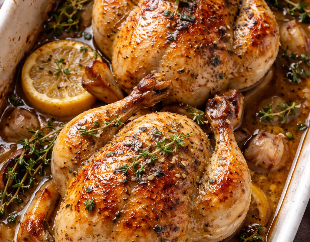Roasted small chickens with garlic, lemon and thyme