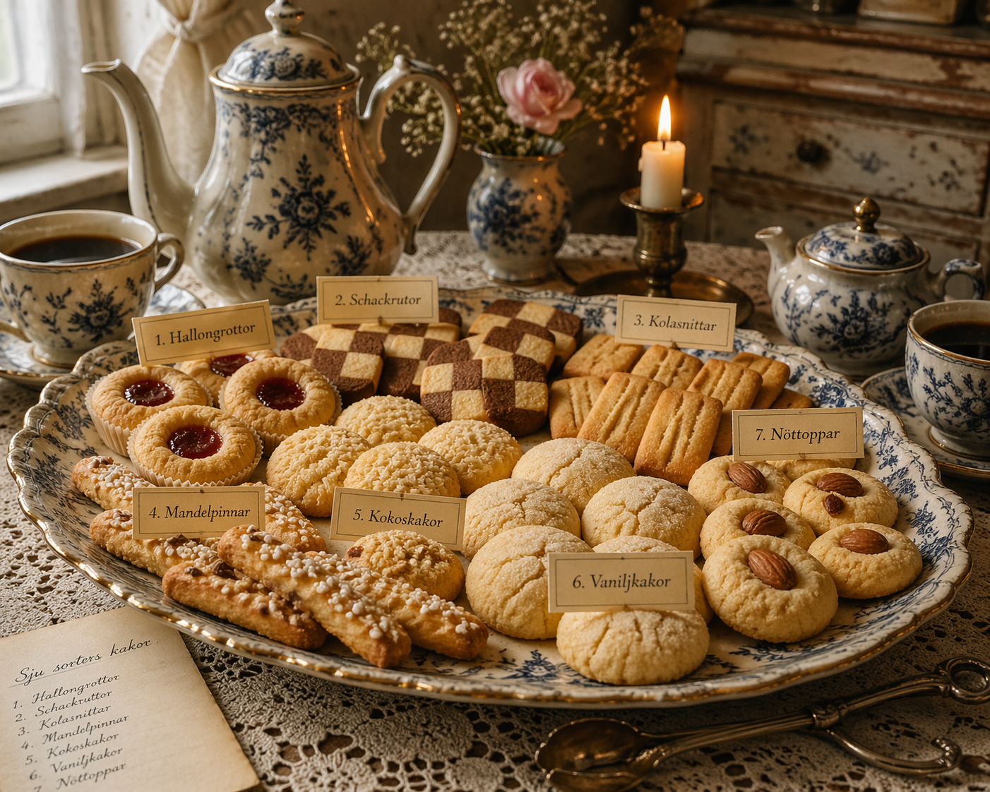 Swedish fika table with seven kinds of home-baked cookies served with coffee