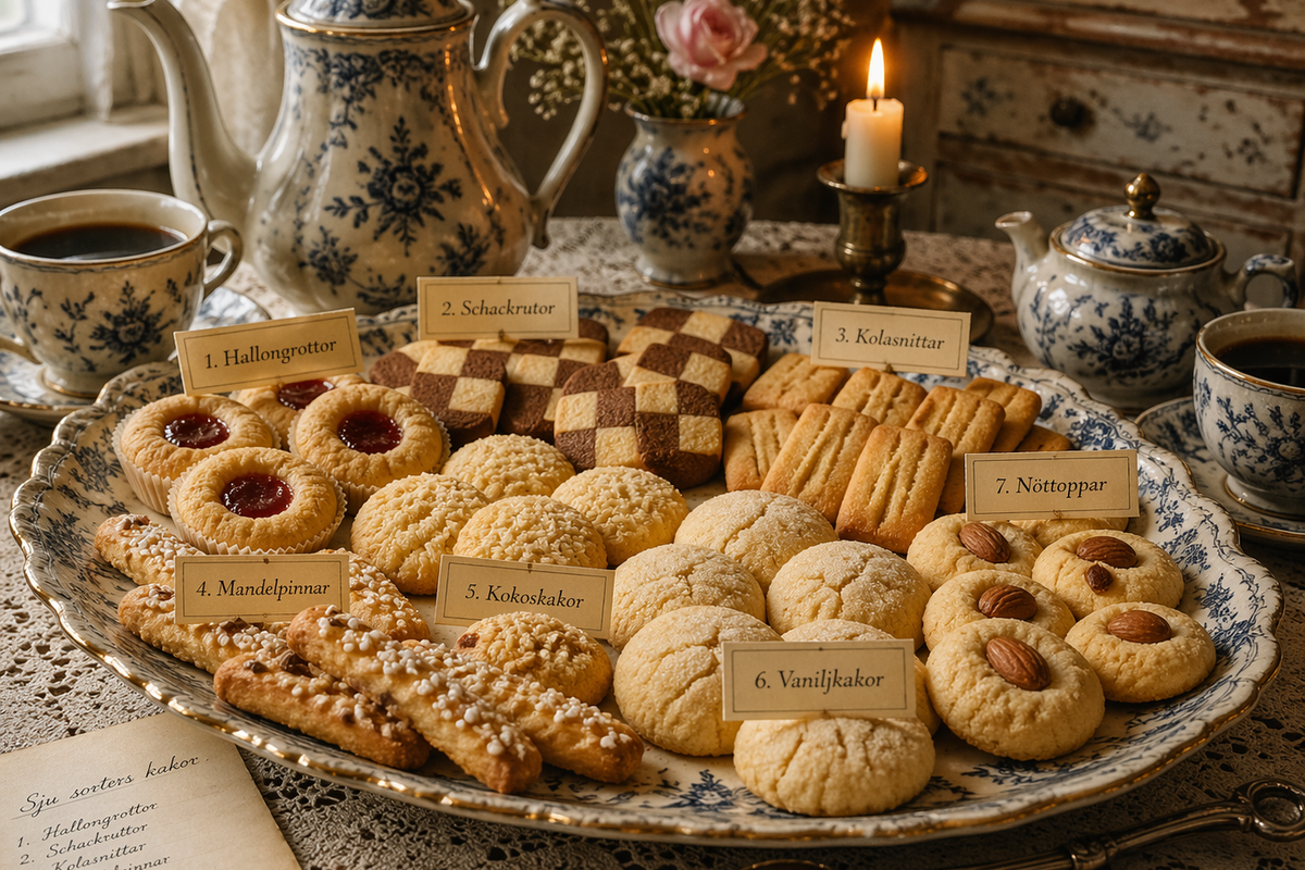 Swedish fika table with seven kinds of home-baked cookies served with coffee