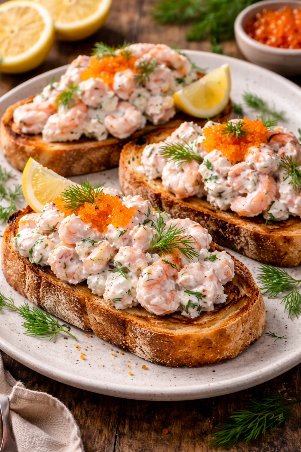 Shrimp skagen on toasted bread with dill and roe