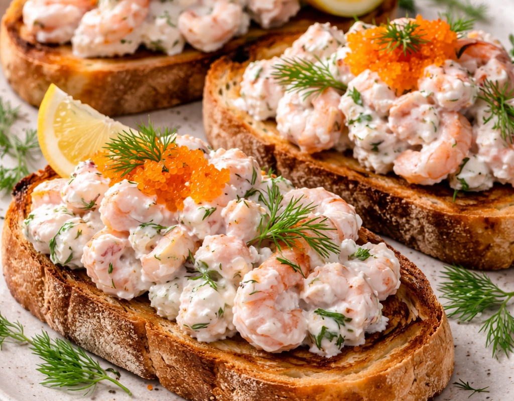 Shrimp skagen on toasted bread with dill and roe