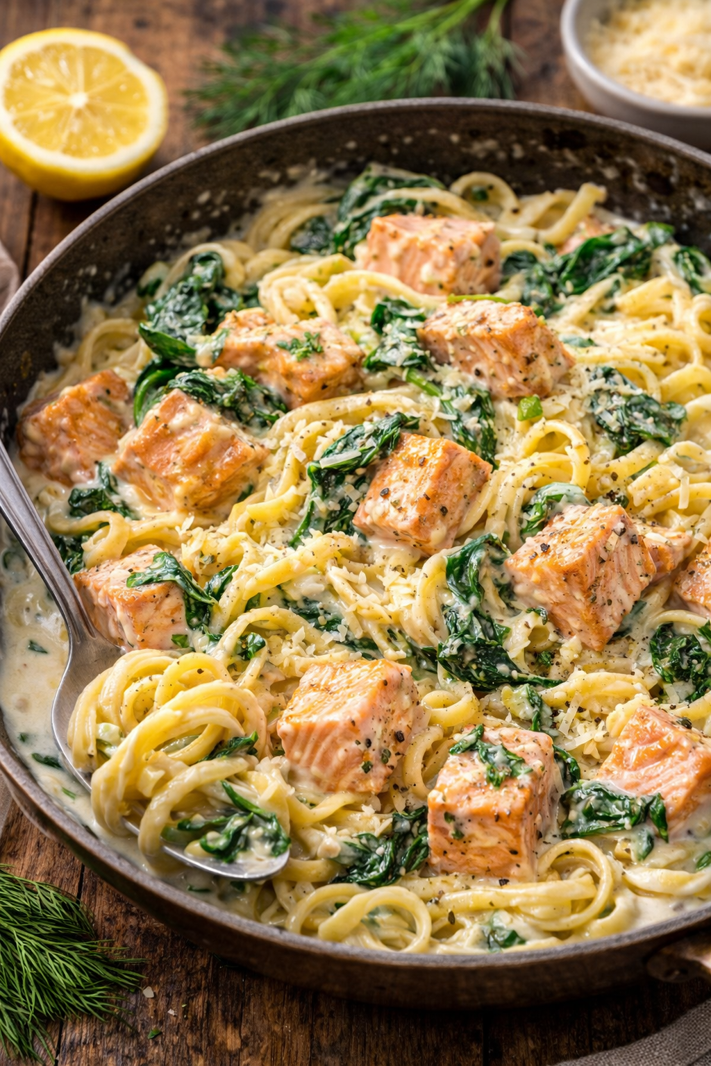 Creamy salmon pasta with spinach and grated parmesan