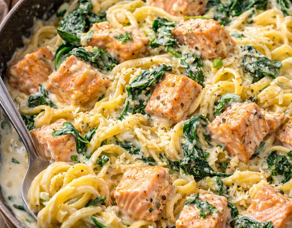 Creamy salmon pasta with spinach and grated parmesan