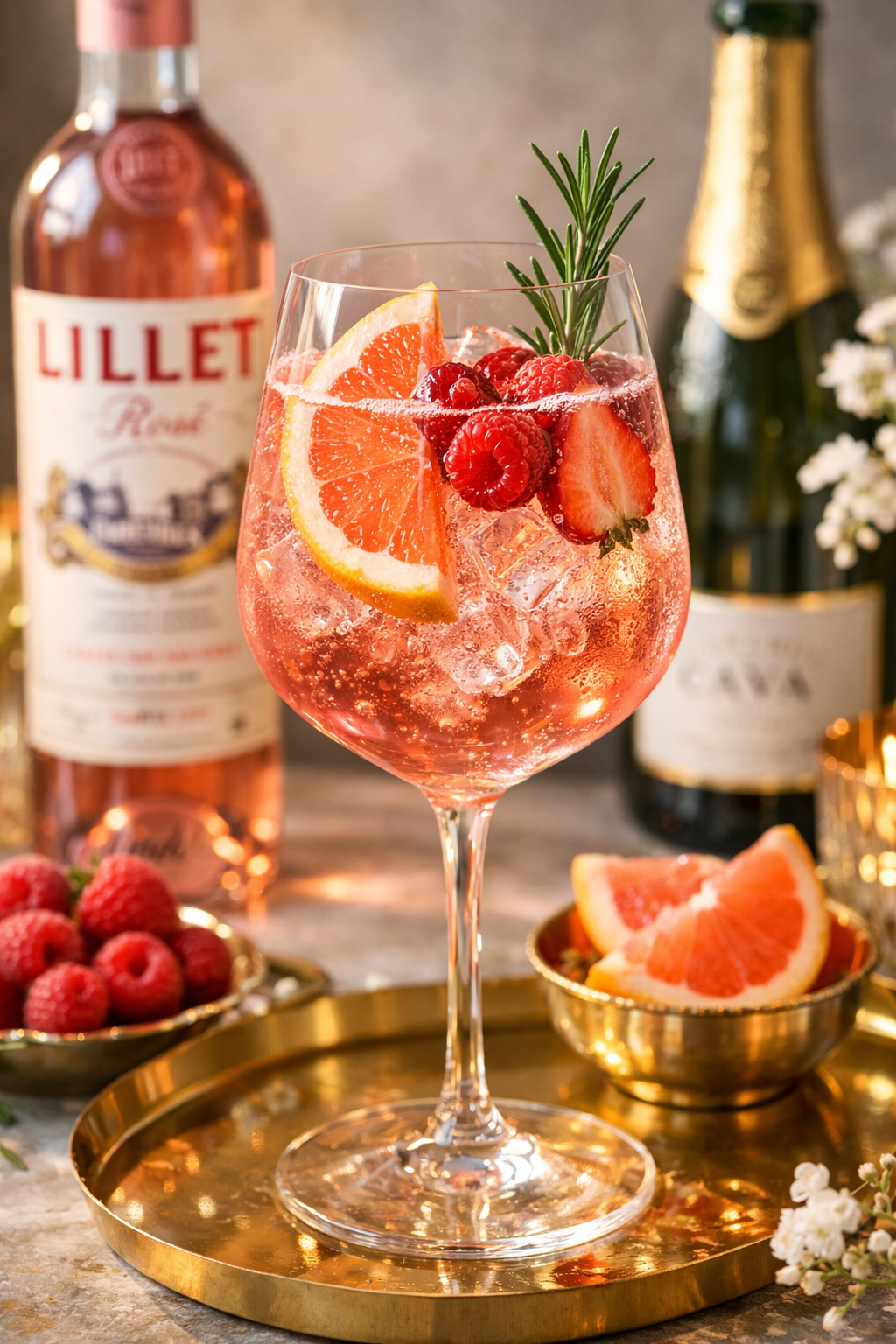 Lillet spritz in a wine glass with ice and orange zest
