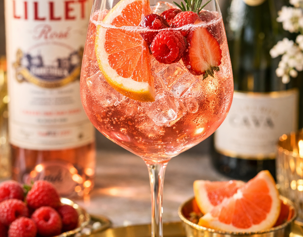 Lillet spritz in a wine glass with ice and orange zest